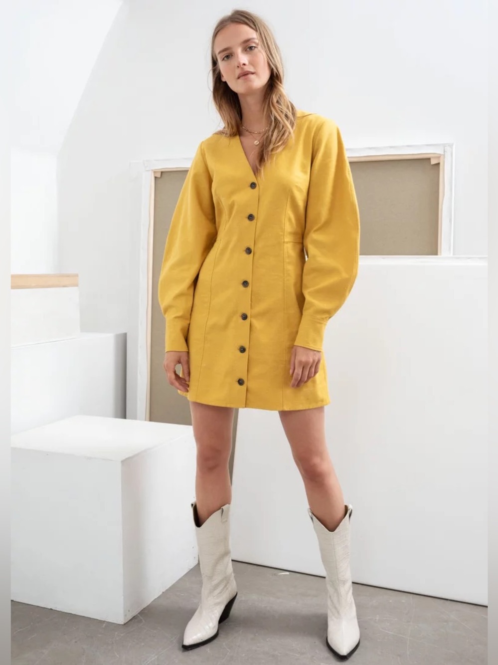 & Other Stories Yellow Button Front Tailored Puff Sleeve Mini Dress Sz 2
